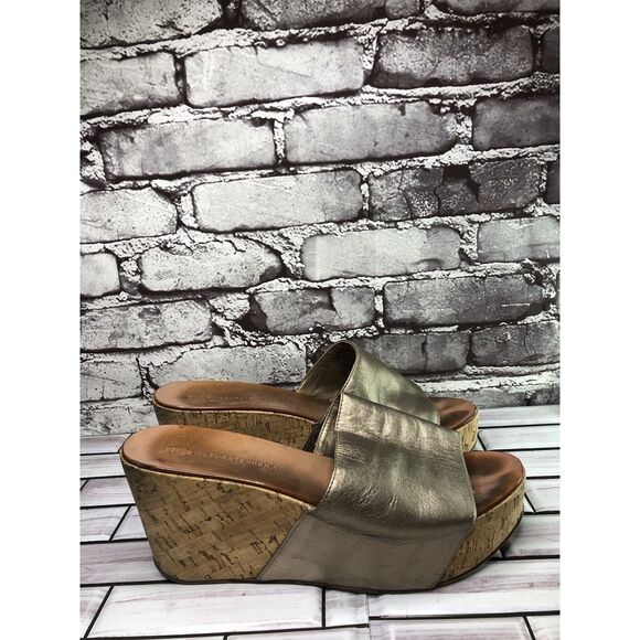Diane Von Furstenberg Pewter Leather Slides Cork Wedge Sandals Women Sz 9M US/40 - Picture 1 of 16